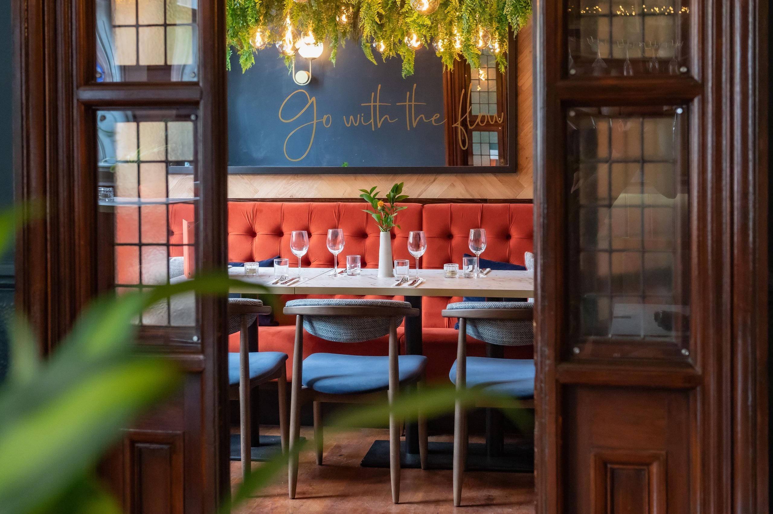 The Corder Room laid for a private event at Damson & Wilde